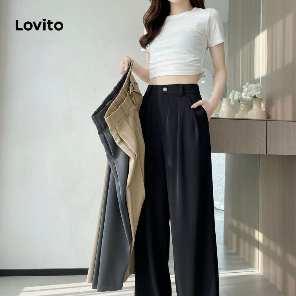 Lovito Calça Feminina Casual Botão E Zíper Lisa LNE51064