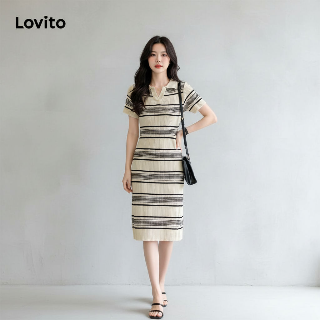 Lovito Refine Vestido Feminino Casual Listrado com Gola Polo (Preto) LNA19061 em Oferta na Shopee