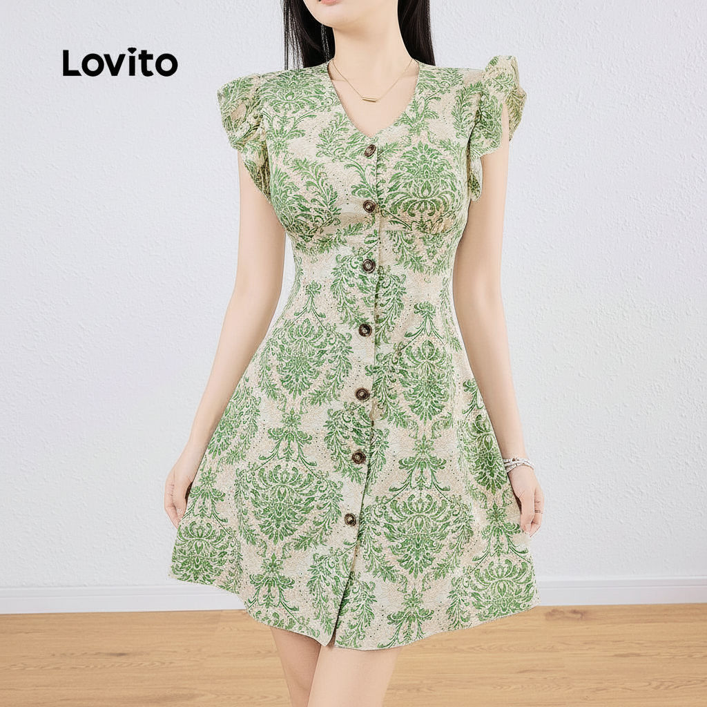 Lovito Vestido Feminino Boho com Estampa Tribal e Babados Drapeados L132AD1080 em Oferta na Shopee