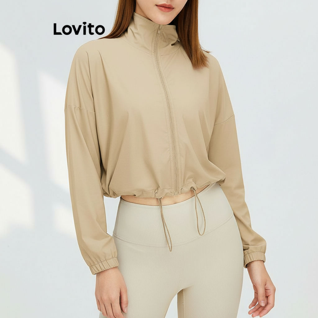 Lovito Jaqueta Esportiva Feminina com Cordão e Design Liso LNL56271 em Oferta na Shopee