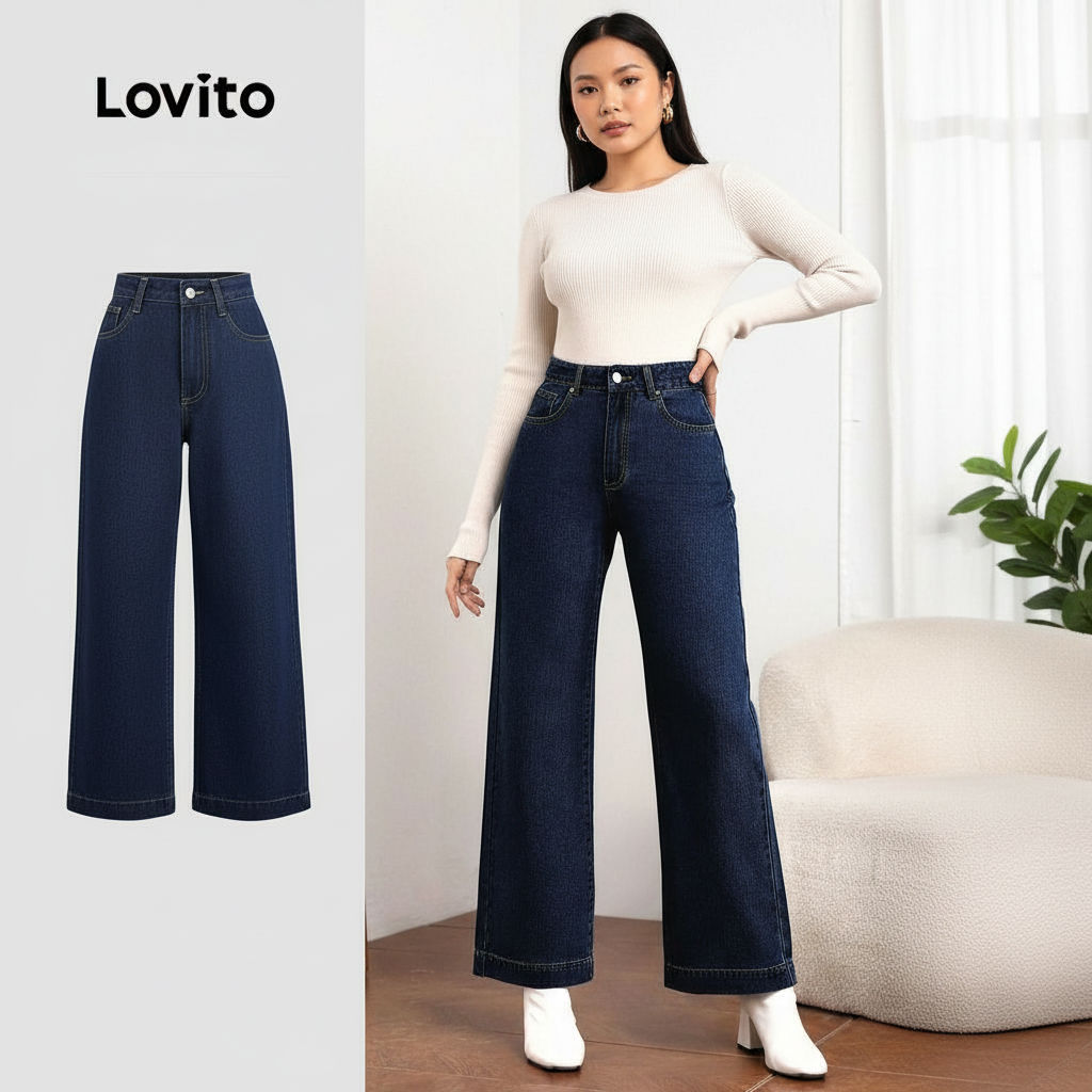 Lovito Calça Jeans Casual Feminina Azul Escuro Primavera/Verão L155ED1356