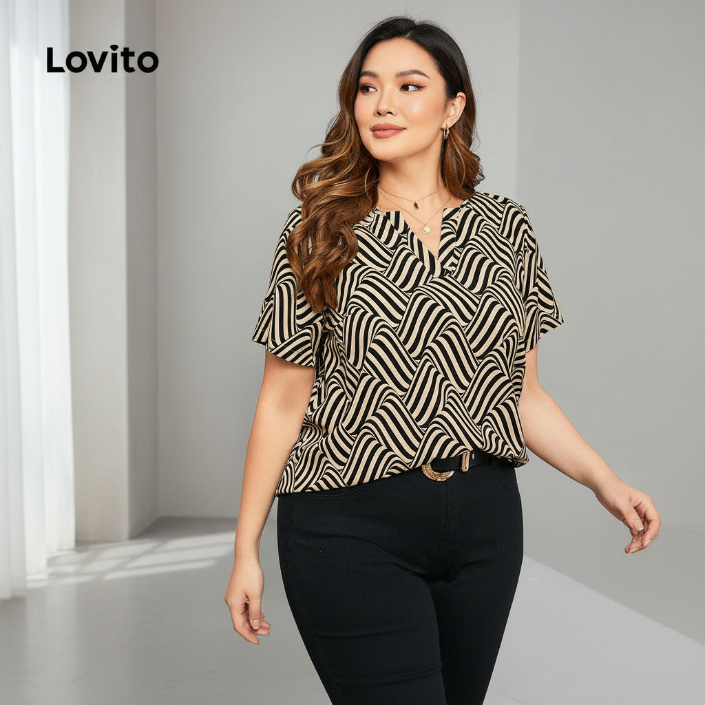 Lovito Refine Blusa Geométrica Elegante para Mulheres Plus Size LBL16674