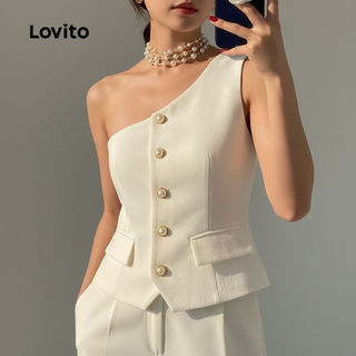 Lovito Elegante Blazer Sofisticado com Botões Irregulares Modelagem Lisa Verão e Primavera Feminino LBL22647