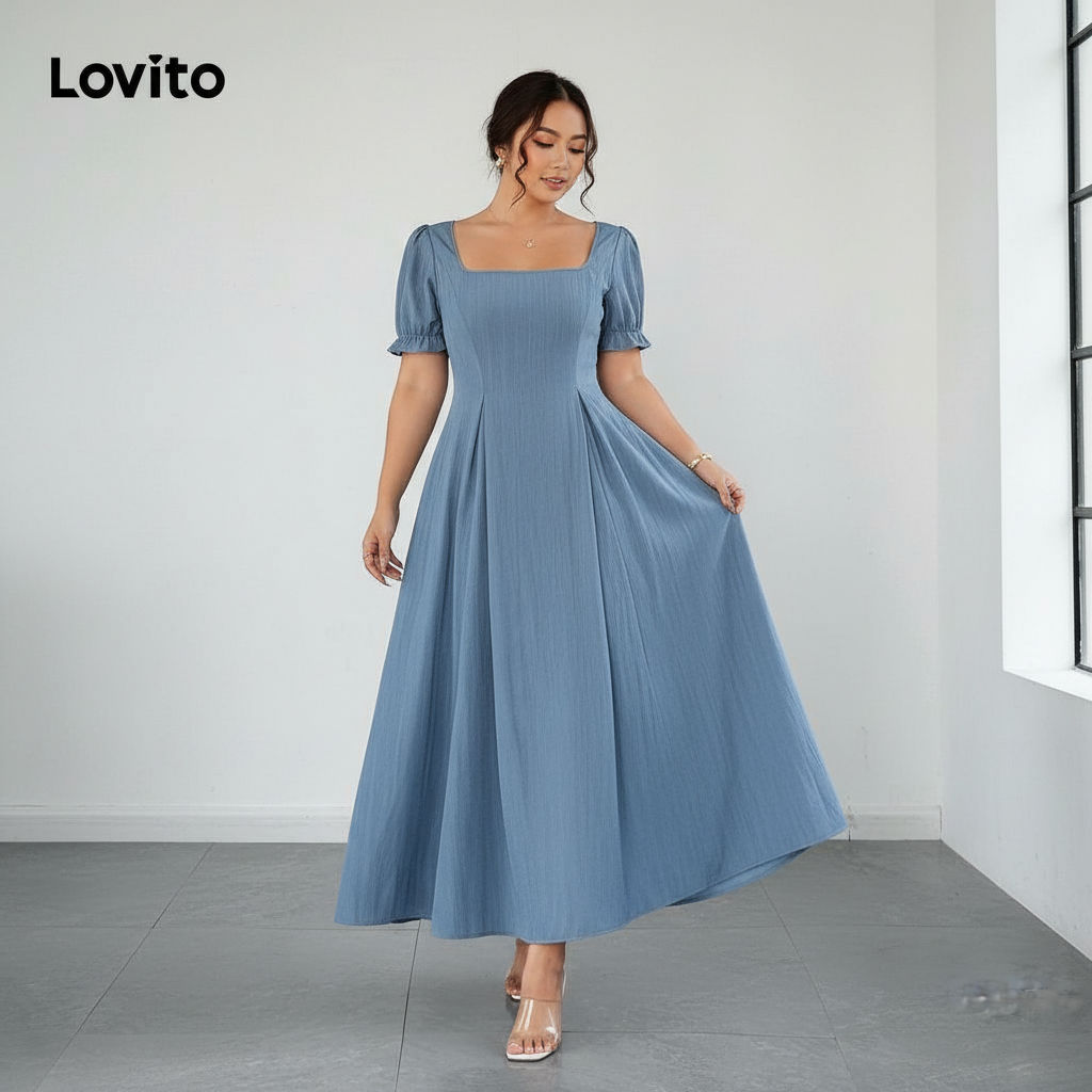 Lovito Refine Vestido Feminino Azul Plissado com Amarração e Cordão para Primavera Verão Vestido Evangélico LR21L040 em Oferta na Shopee