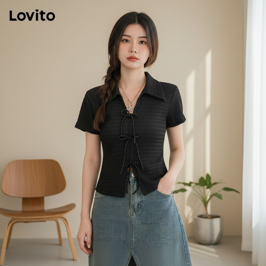 Lovito Camiseta Feminina Verão Fofa Laço Jacquard Liso L87ED028 (Multicolorido) em Oferta na Shopee