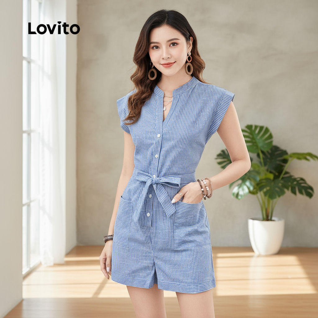 Lovito Macacão feminino com amarração e bolso para primavera verão azul L243AD658 em Oferta na Shopee