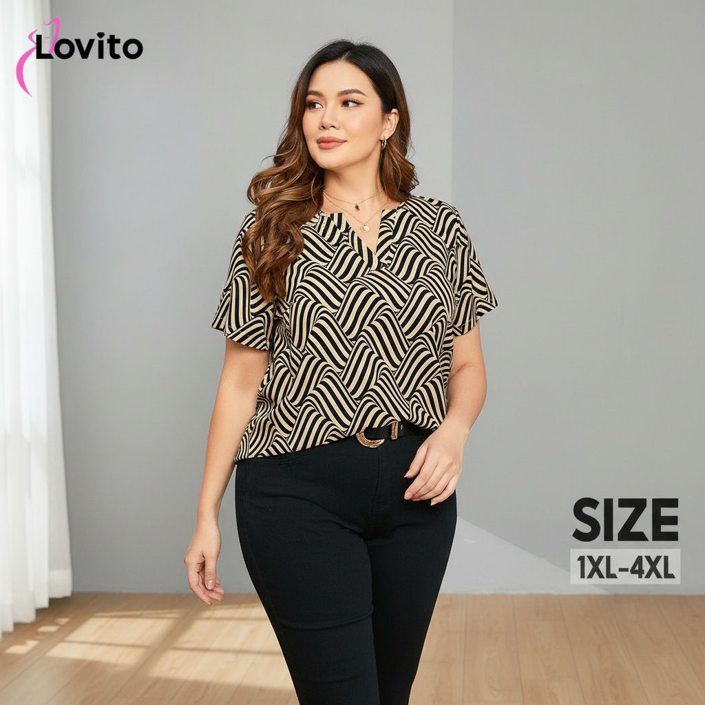 Lovito Refine Blusa Geométrica Elegante para Mulheres Plus Size LBL16674 em Oferta na Shopee