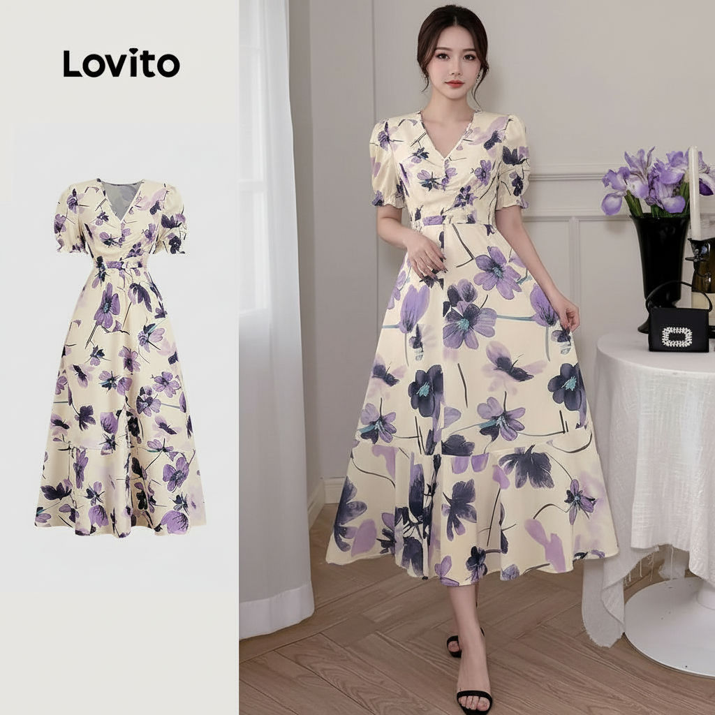 Lovito Vestido sofisticado com detalhe de renda, amarração ajustável, leve e agradável para primavera/verão L138AD926