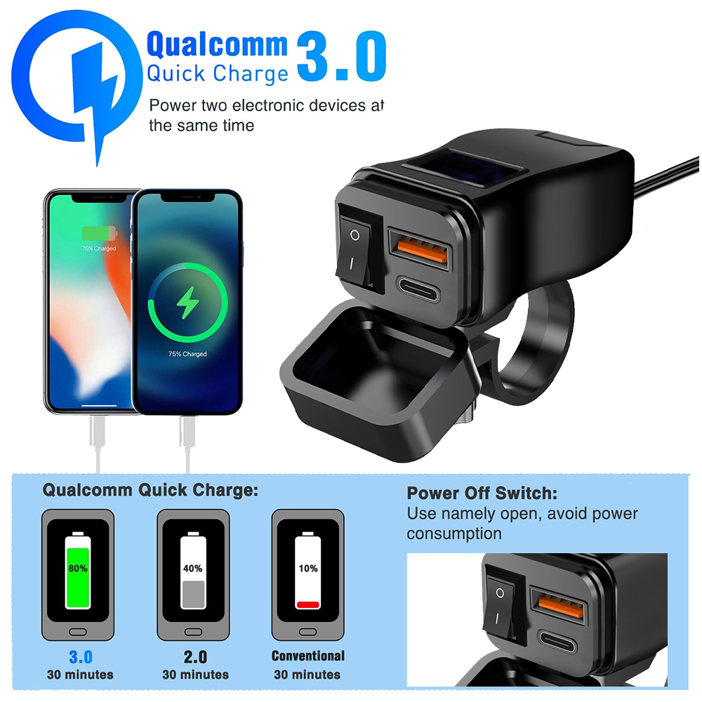PD QC3.0 Motocicleta USB Carregador Rápido Guiador Tomada Dupla À Prova D'água 12V Adaptador De Fonte De Alimentação Com