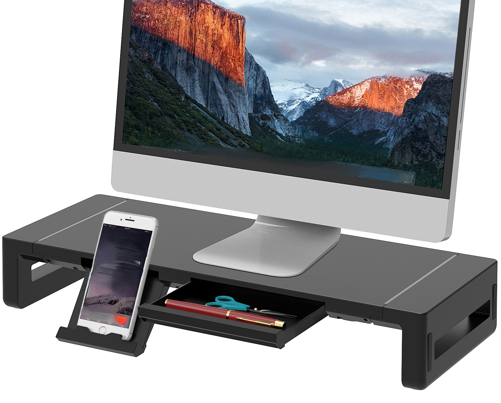 Suporte Elevador de Monitor de Mesa Multifuncional com Gaveta de Armazenamento Integrada para Laptop e Suporte de