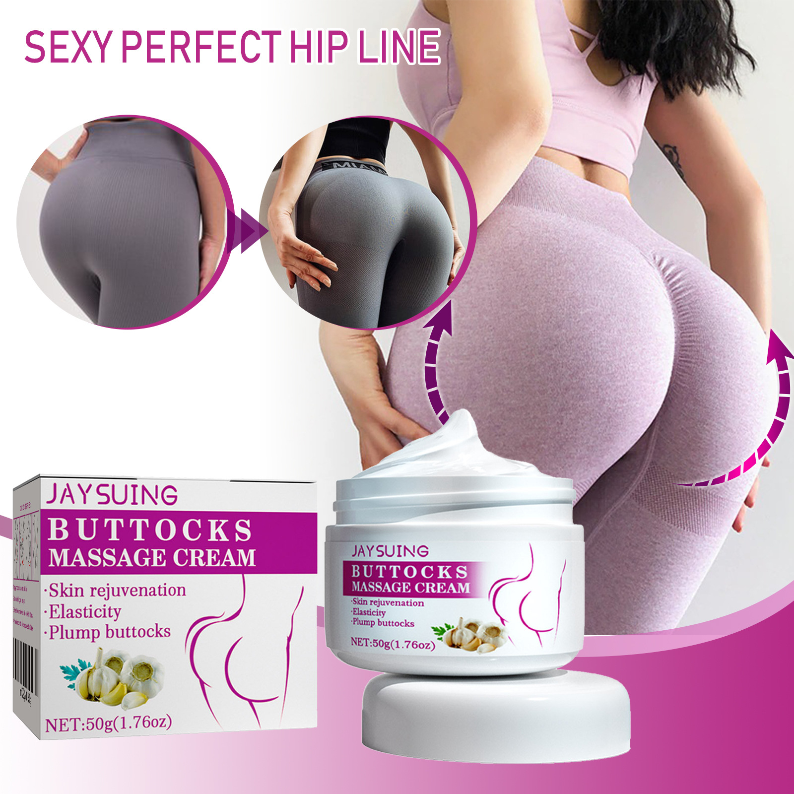 Creme para Realce de Glúteos Garlic Buttocks 50g, Creme para Aumento de Glúteos, Massagem Avançada para Aumento e