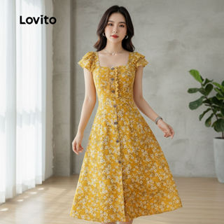 Lovito Vestido Casual Feminino Amarelo com Babados e Botões para Primavera/Verão L154LD348 em Oferta na Shopee