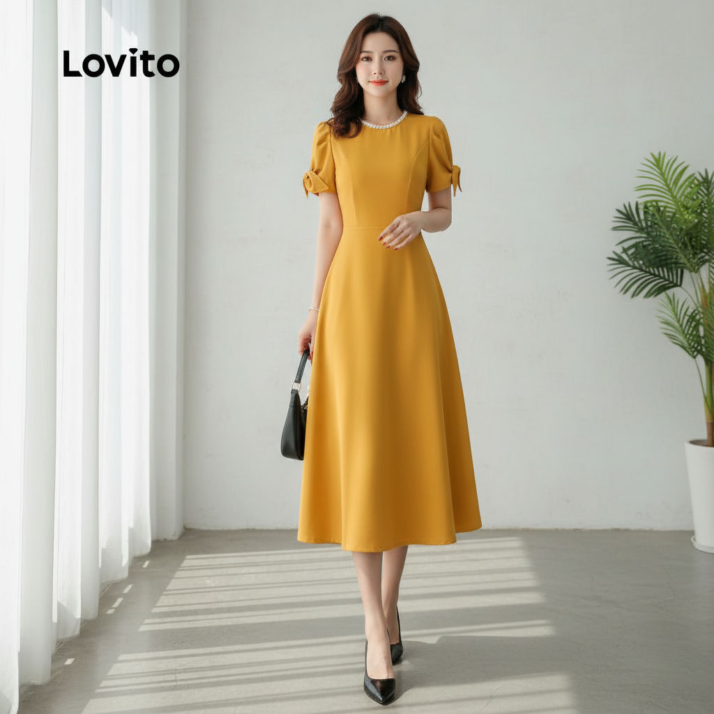Lovito Refine Vestido Feminino Elegante Liso Plissado Verão/primavera L133ED1159 em Oferta na Shopee