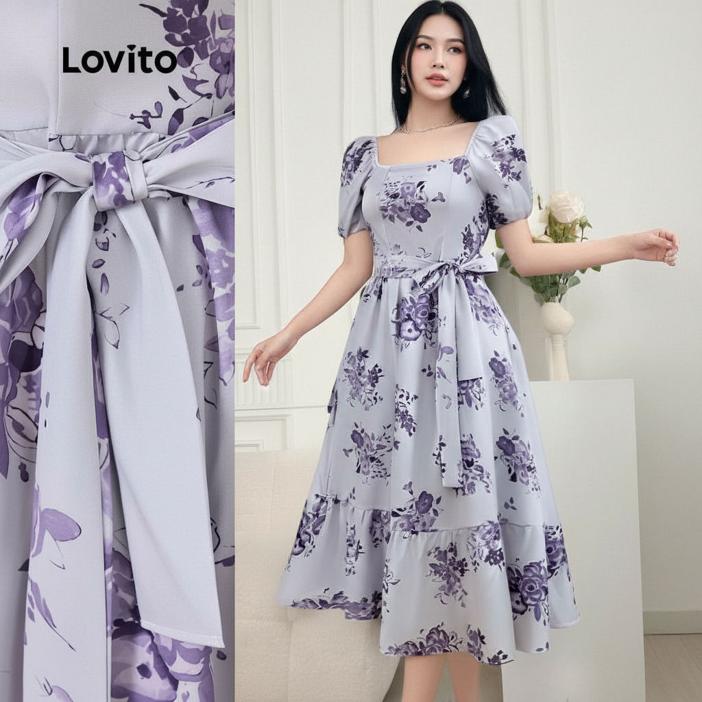 Lovito Vestido Boho Feminino Floral Primavera Verão Cinto Babados Bainha L131LD1234 em Oferta na Shopee