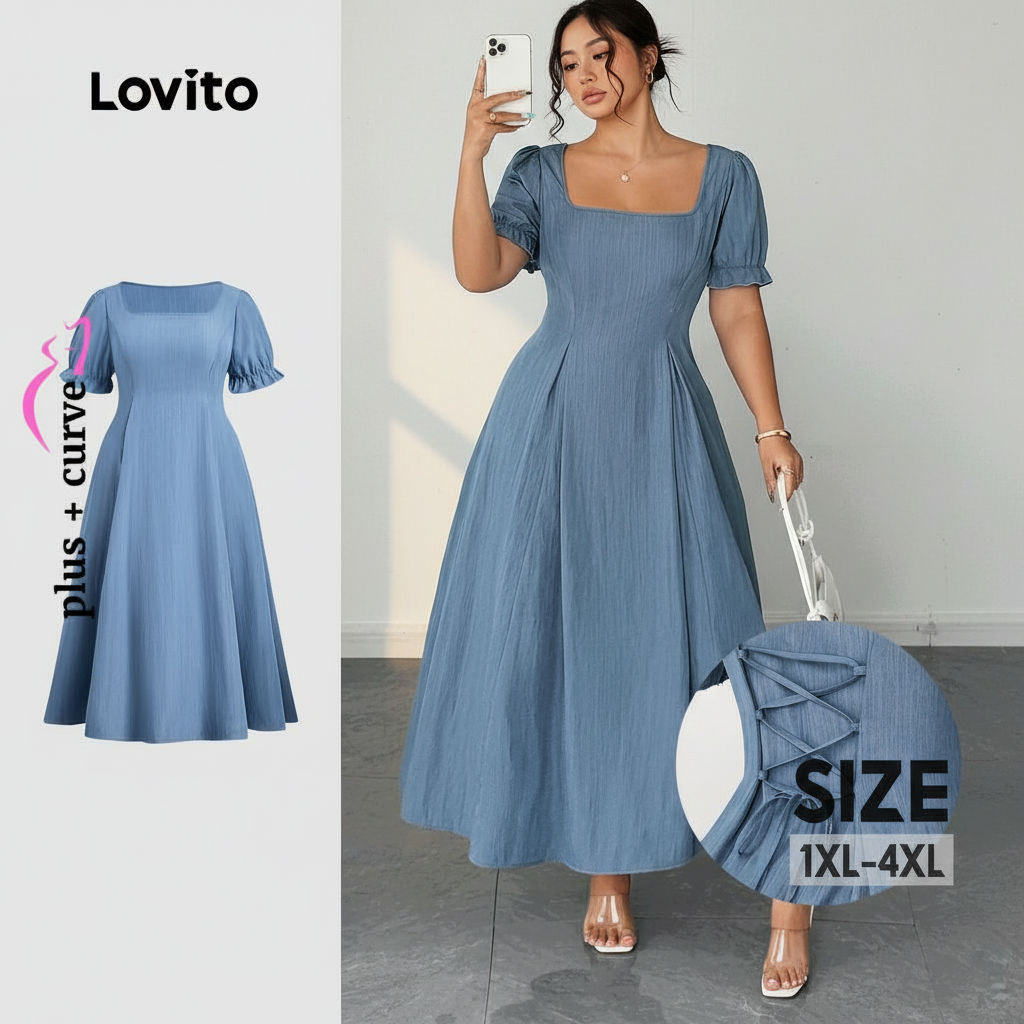 Lovito Refine Vestido Feminino Azul Plissado com Amarração e Cordão para Primavera Verão Vestido Evangélico LR21L040 em Oferta na Shopee