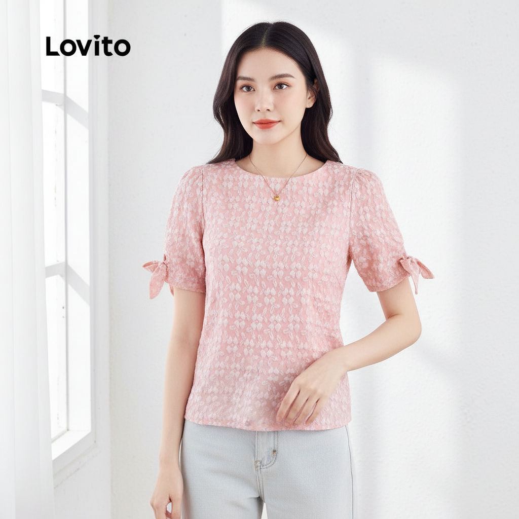 Lovito Blusa Feminina Rosa Com Laço Plissado Primavera Verão Elegante L138AD919