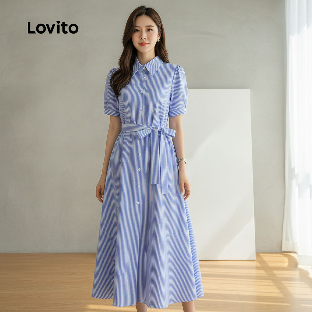 Lovito Vestido Feminino Casual Azul para Primavera Verão com Cinto e Botões Textura Suave L137LD402 em Oferta na Shopee