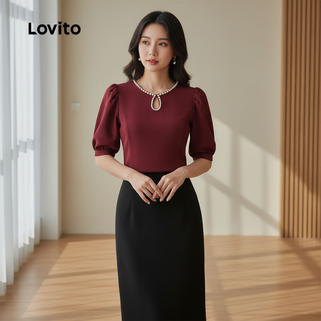Lovito Refine Blusa Vermelha Sofisticada Pérolas Primavera Verão Feminina LK2ED155 em Oferta na Shopee