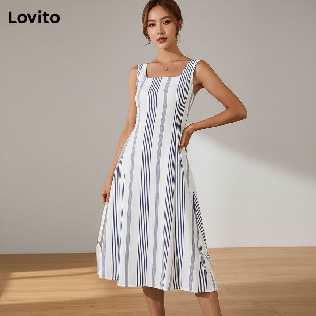 Lovito Refine Vestido Listrado Com Babados Para Verão Primavera Feminino LBL20522 em Oferta na Shopee