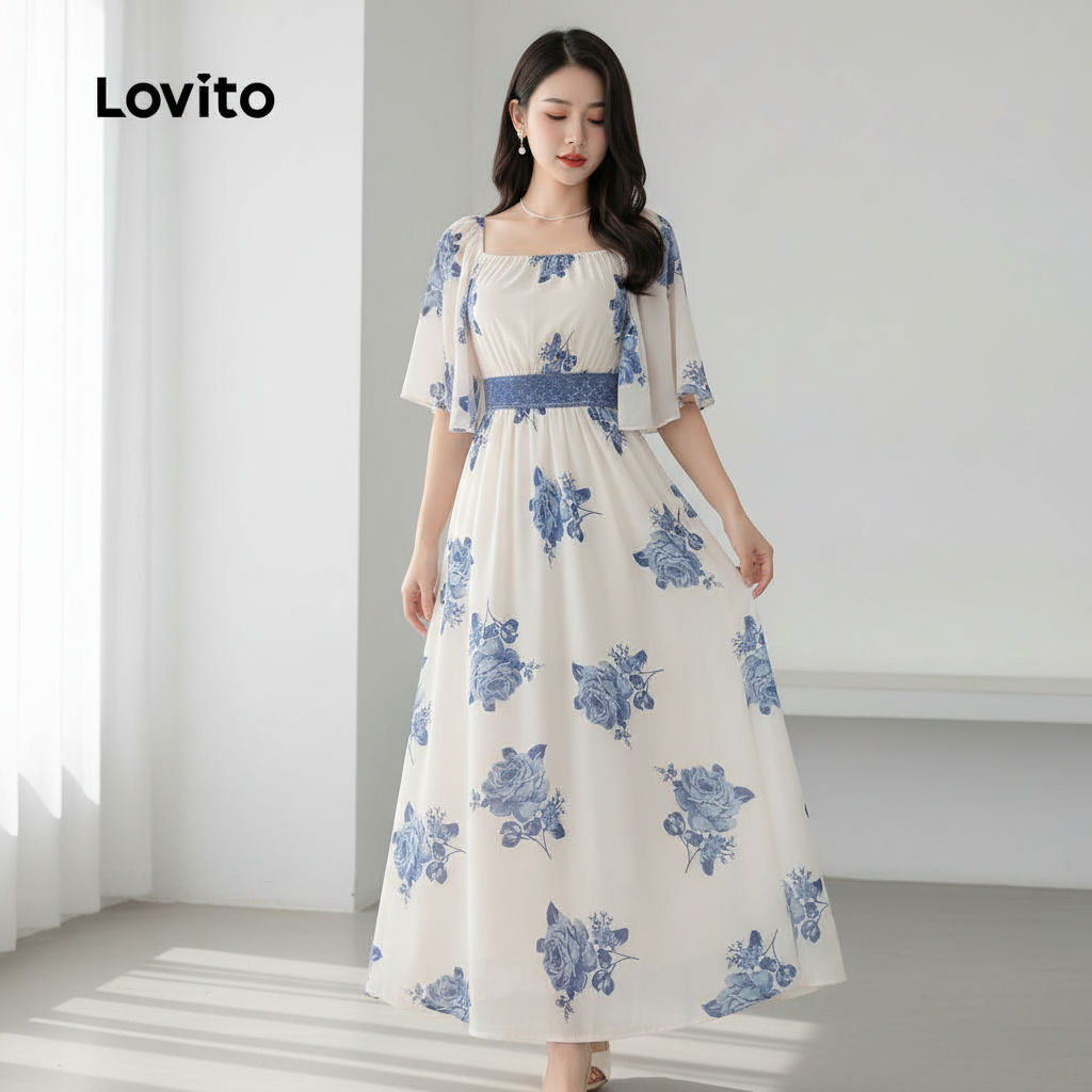 Lovito Vestido Boho Renda Bloco Cores Primavera Verão Azul Branco Feminino LBL27028 em Oferta na Shopee