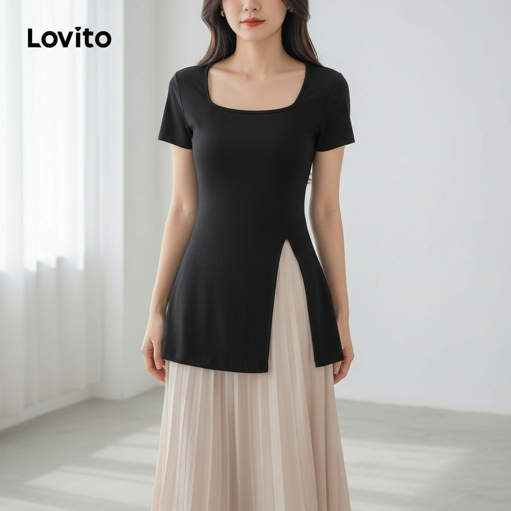 Lovito Blusa Feminina Casual Lisa Decote Aberto L121AD1187 em Oferta na Shopee