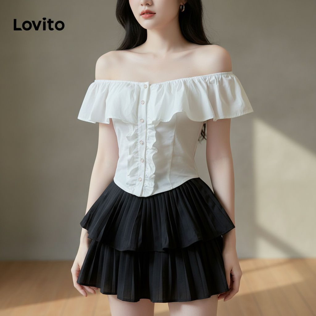 Lovito Blusa Delicada Plissada Lisa Com Babados E Botões Frontais Para Mulheres L114AD634 em Oferta na Shopee