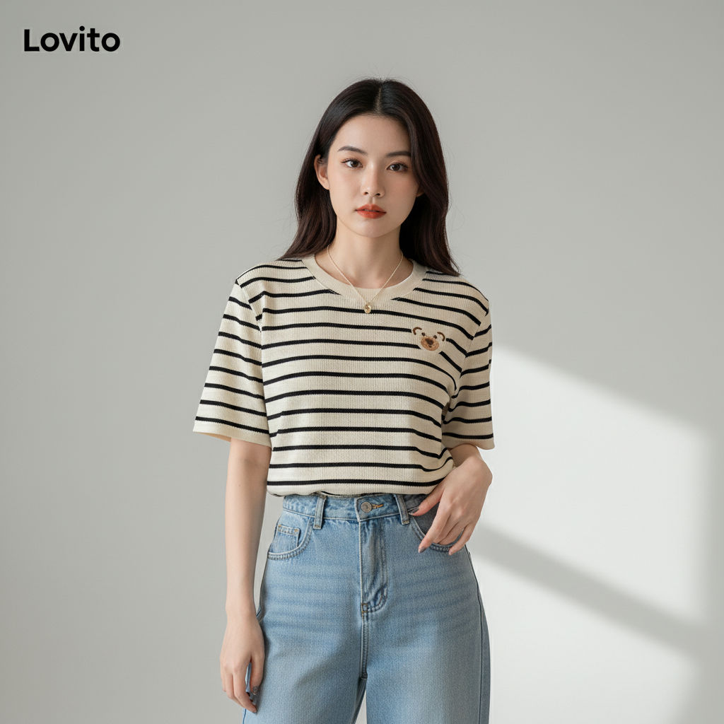 Lovito Camiseta Feminina Listrada Casual LNE38190 (damasco) em Oferta na Shopee