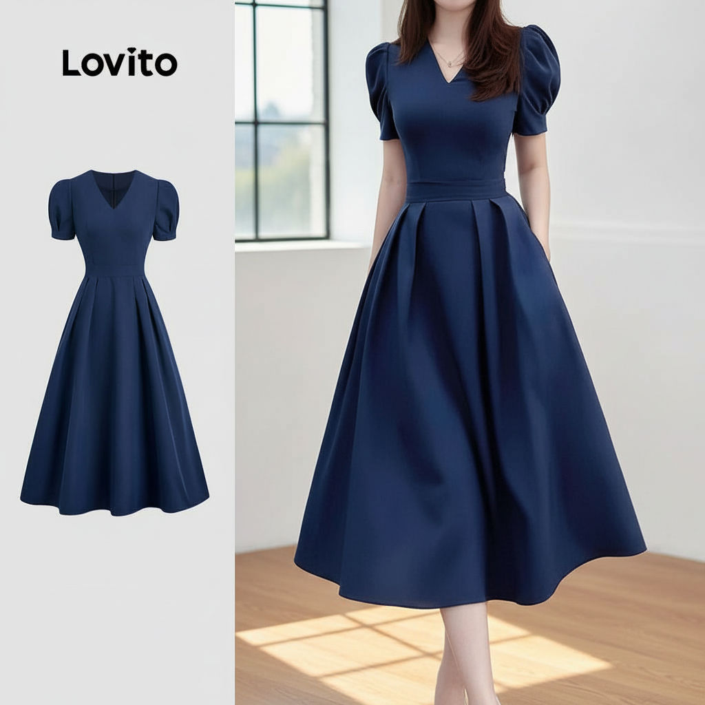 Lovito Vestido Azul-marinho com Pregas Simples para Primavera/verão, Elegante para Mulheres L155ED1159 em Oferta na Shopee
