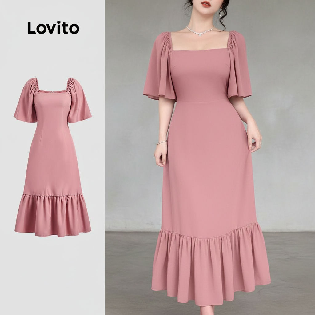Lovito Vestido Sofisticado Feminino Rosa Com Bainha Firme Para Festa Primavera Verão L150AD1733