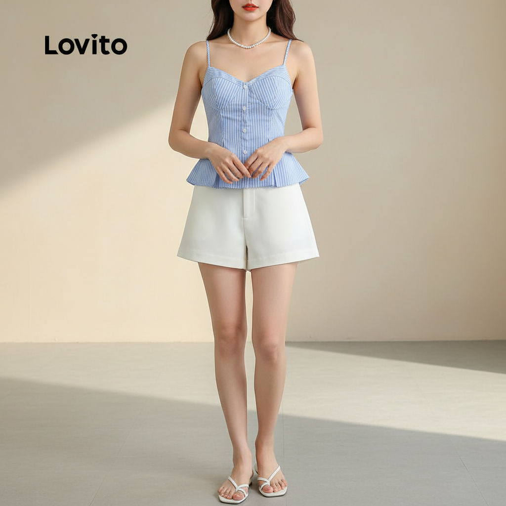 Lovito Blusa Casual com Botões no Topo e Pregas Estrutura Linha Primavera Verão Azul Feminina L144AD031 em Oferta na Shopee
