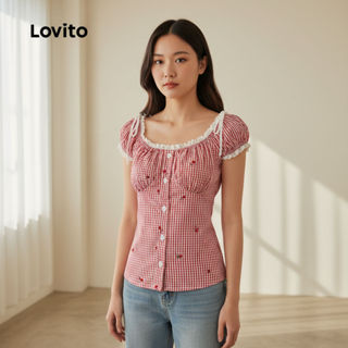 Lovito Blusa Vermelha Feminina De Renda Com Laço Primavera Verão L144AD157 em Oferta na Shopee
