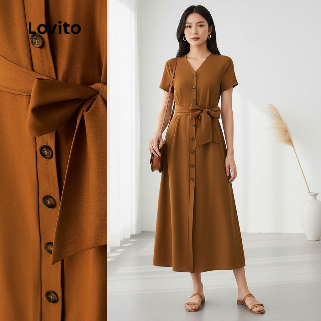 Lovito Vestido Feminino Simples com Laço Frontal e Botão LBL23902