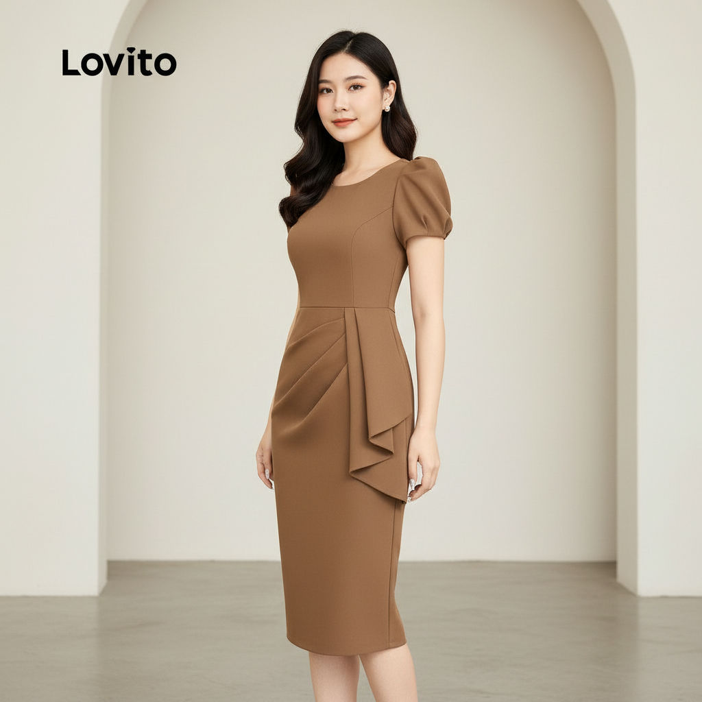 Lovito Refine Vestido Vintage Assimétrico Feminino Marrom para Primavera Verão L164ED1089
