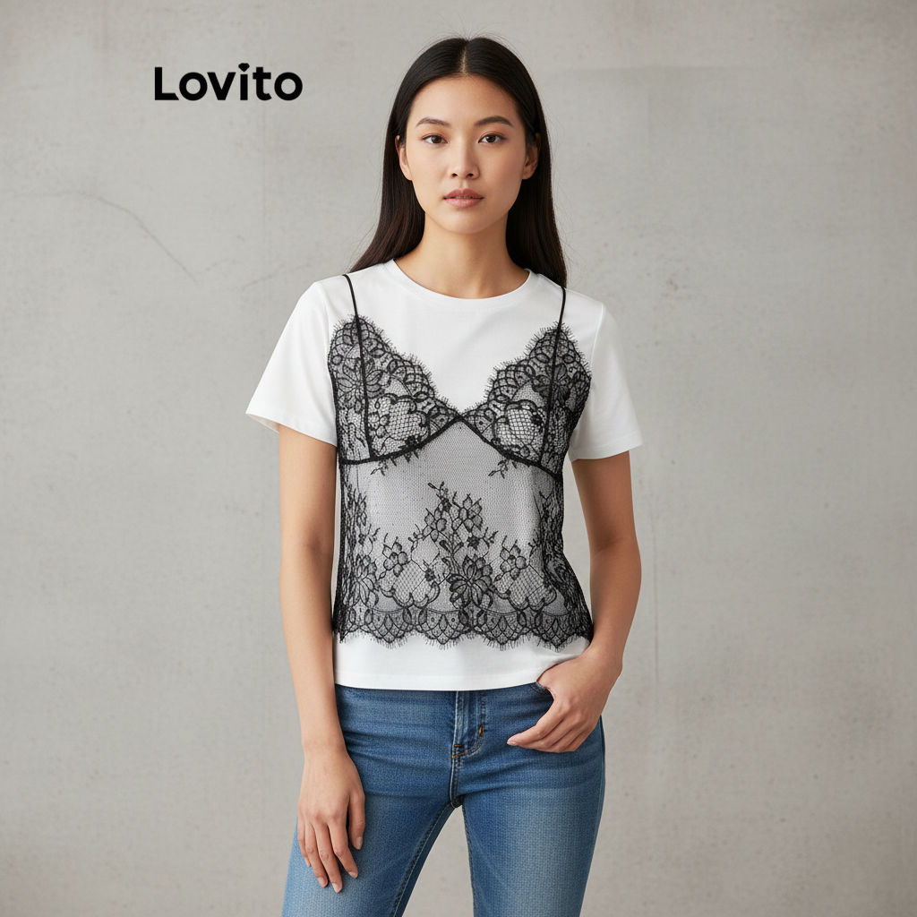 Lovito Blusa Feminina Em Renda Lisa Costura Fina L106AD114