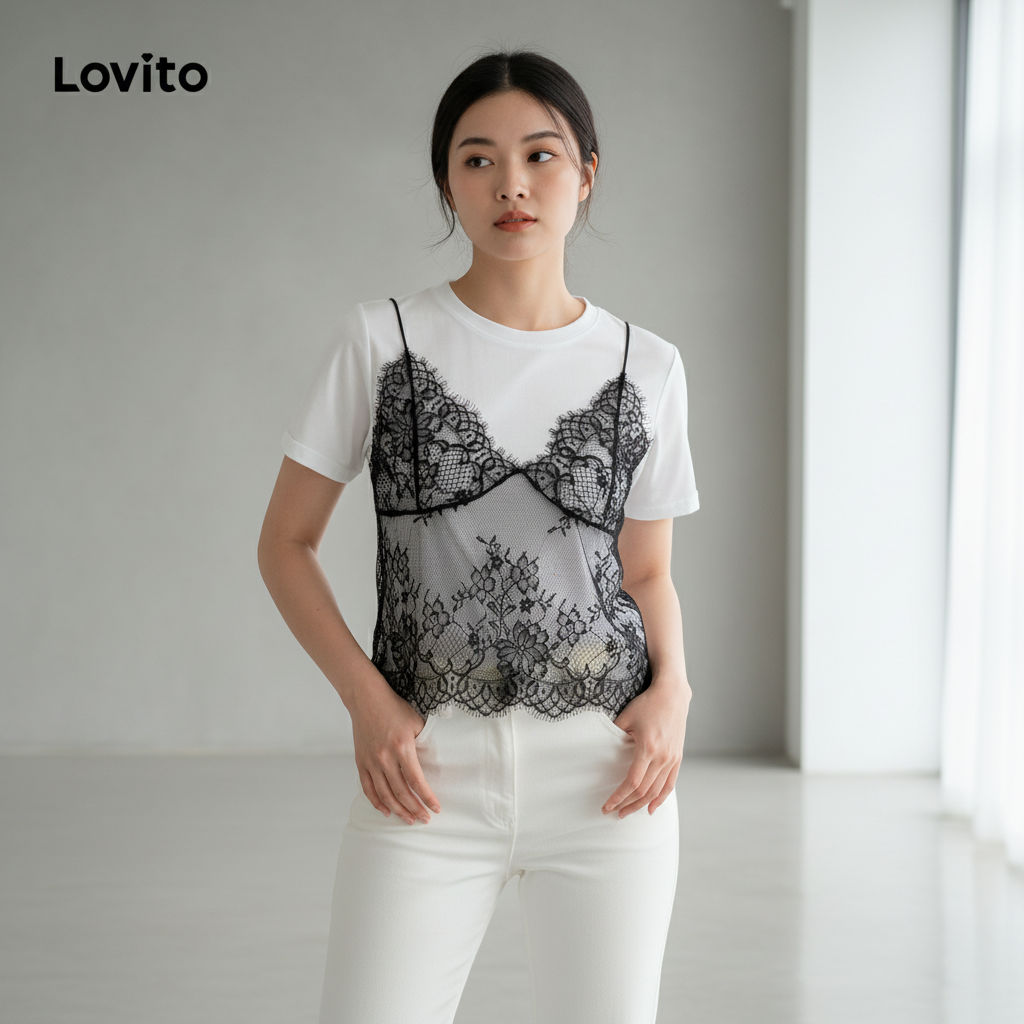 Lovito Blusa Feminina Em Renda Lisa Costura Fina L106AD114