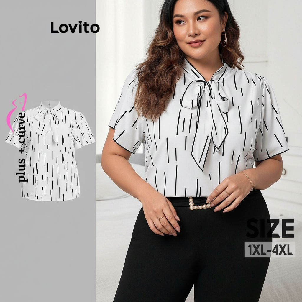 Lovito Blusa plus size sofisticada geométrica com laço frontal para mulheres LBL20083 em Oferta na Shopee