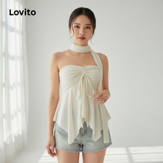 Lovito Blusa Casual Feminina Lisa Assimétrica Com Cordão E Renda Em Tecido Texturizado L106AD418 em Oferta na Shopee