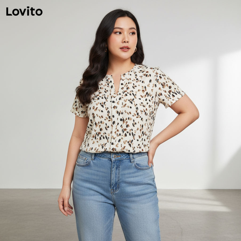 Lovito Blusa Curva Casual Plus Size Ditsy Floral Padrão Básica Feminina LBL17292 em Oferta na Shopee