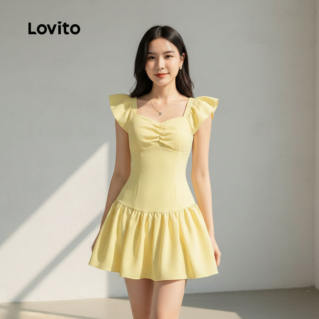 Lovito Vestido Casual Amarelo Liso com Babados para Mulheres em Primavera e Verão L136AD311 em Oferta na Shopee