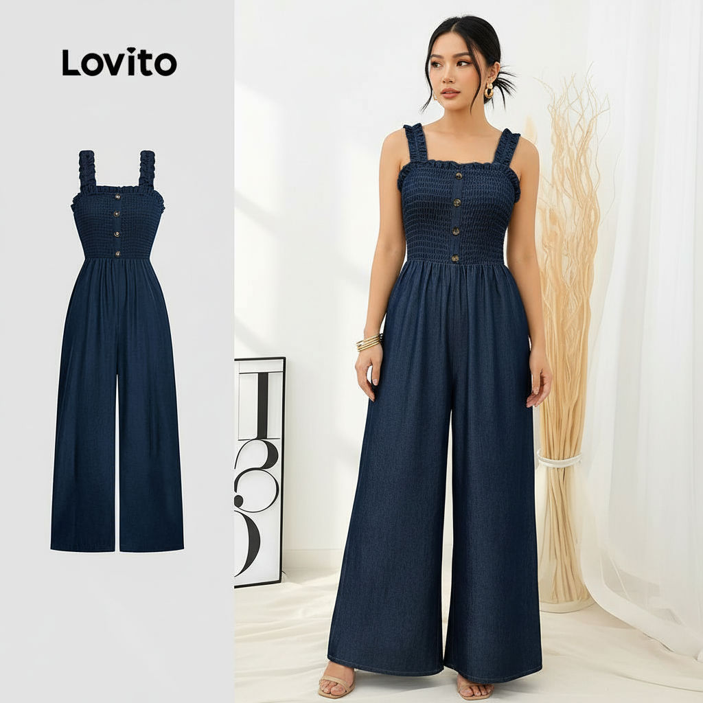 Lovito Macacão Smocked Azul para Mulheres LBL31009