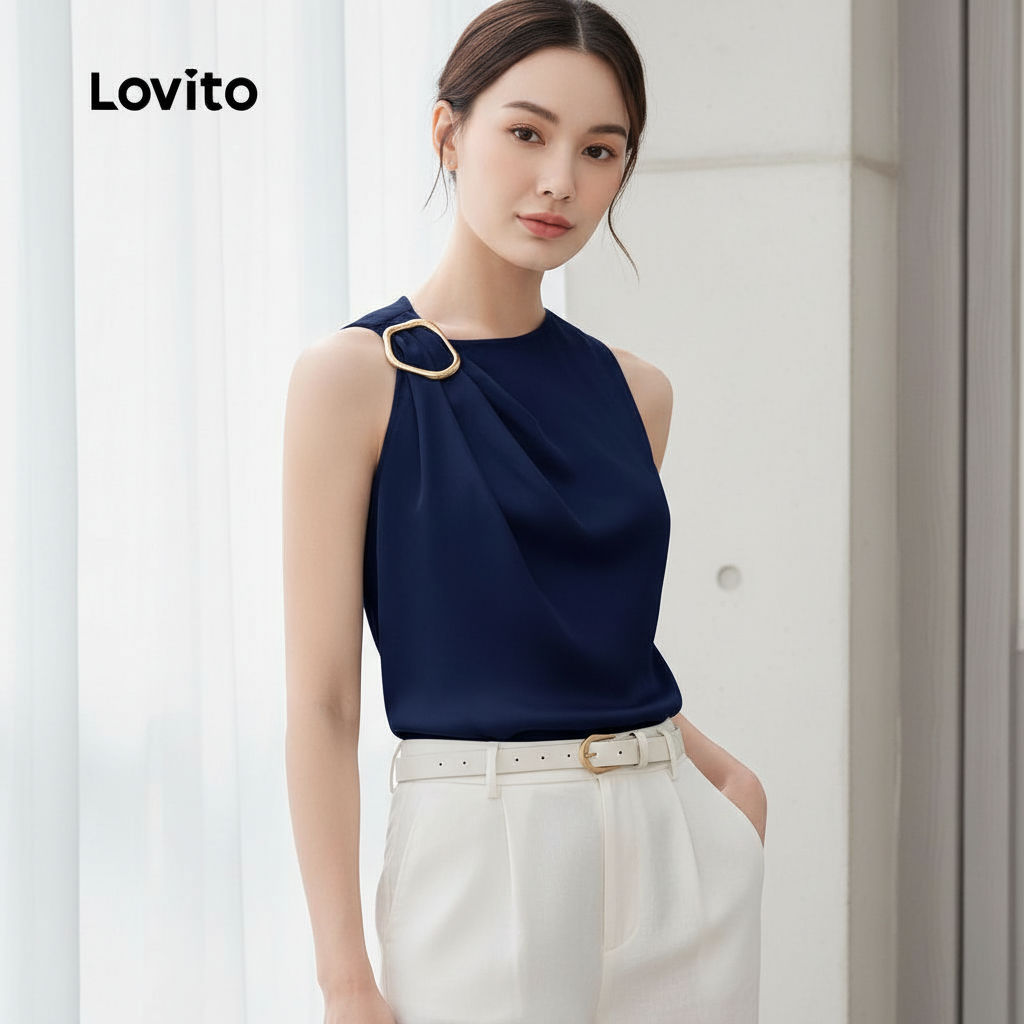 Lovito Camisa Feminina Sofisticada com Fecho Metálico e Design Assimétrico Azul 