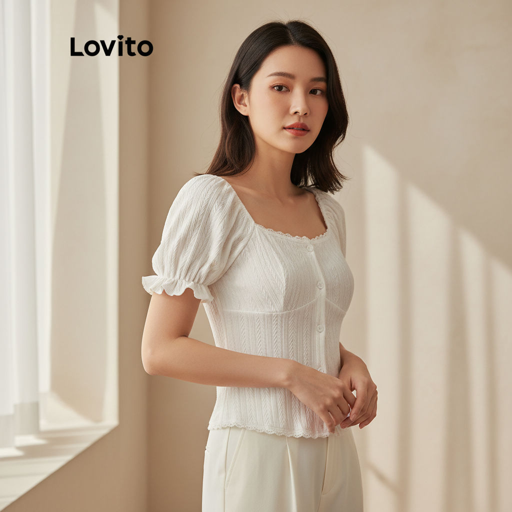 Lovito Blusa Feminina De Renda Com Botões Na Frente E Mangas Volumosas Decote Em Coração L45AD075 (Off White) em Oferta na Shopee