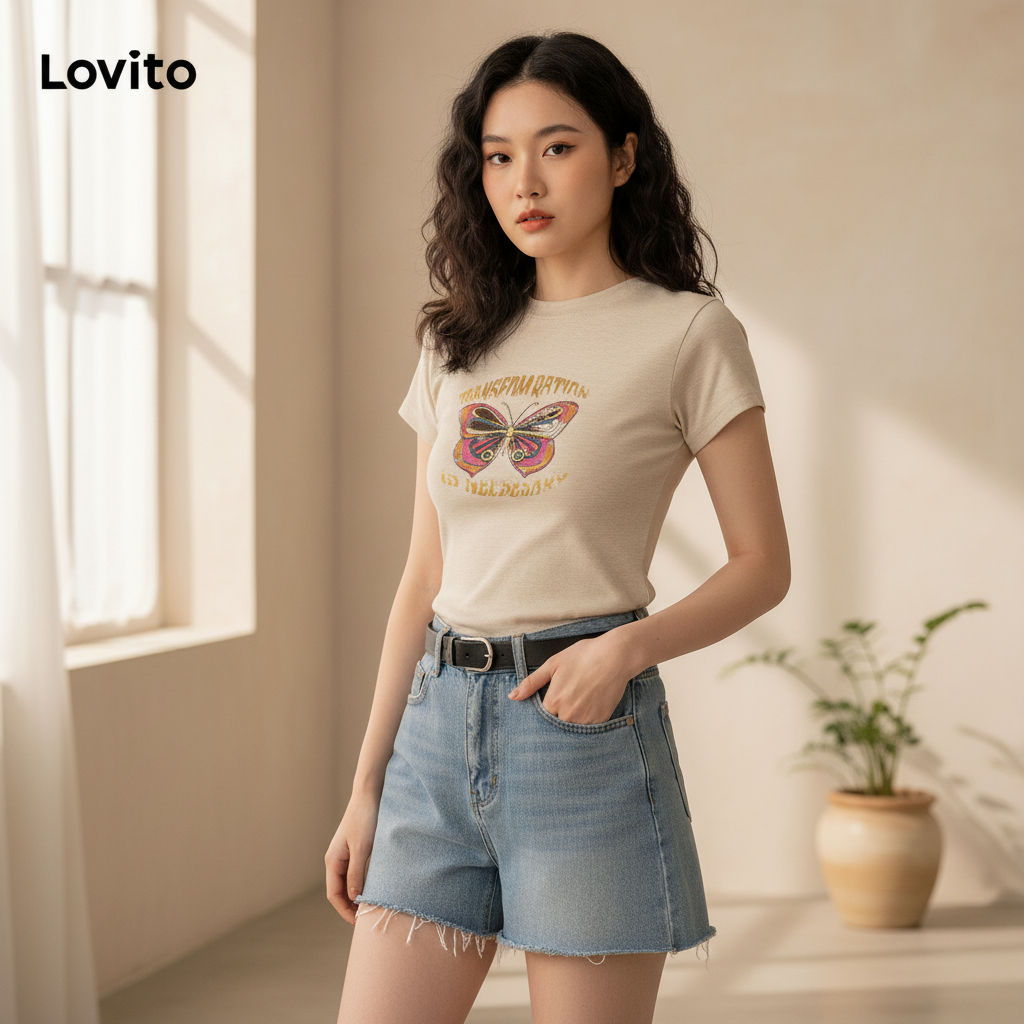 Lovito Camiseta Feminina Casual com Desenho Básica L104ED673 em Oferta na Shopee