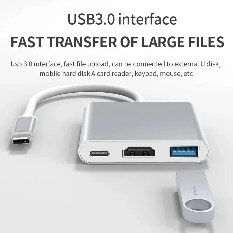 3 em 1 Adaptador Hub USB-C com Portas – HDMI 4K, Leitor de Cartão SD e Splitter OTG para MacBook Air