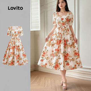 Lovito Vestido Feminino Casual Estampado Floral Em Camadas Com Cinto Verão Primavera LBL24080 em Oferta na Shopee