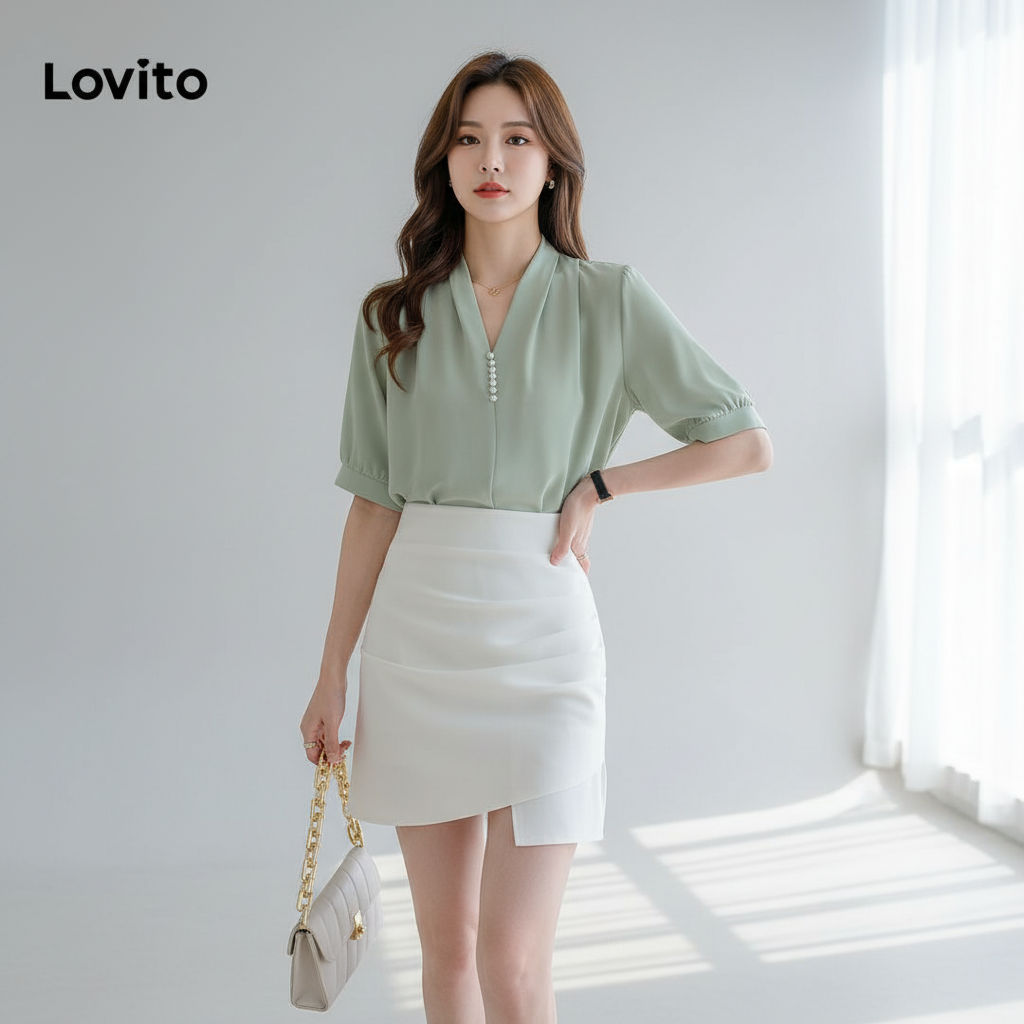 Lovito Blusa Feminina Básica Elegante Decote V Com Pérolas LNE21154 (Multicolorido)