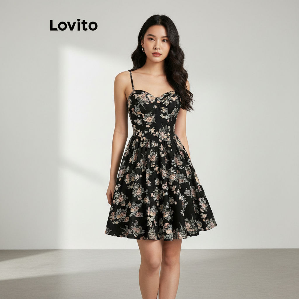 Lovito Casual Vestido Feminino com Babado e Estampa Floral para Mulheres L113MD349 em Oferta na Shopee