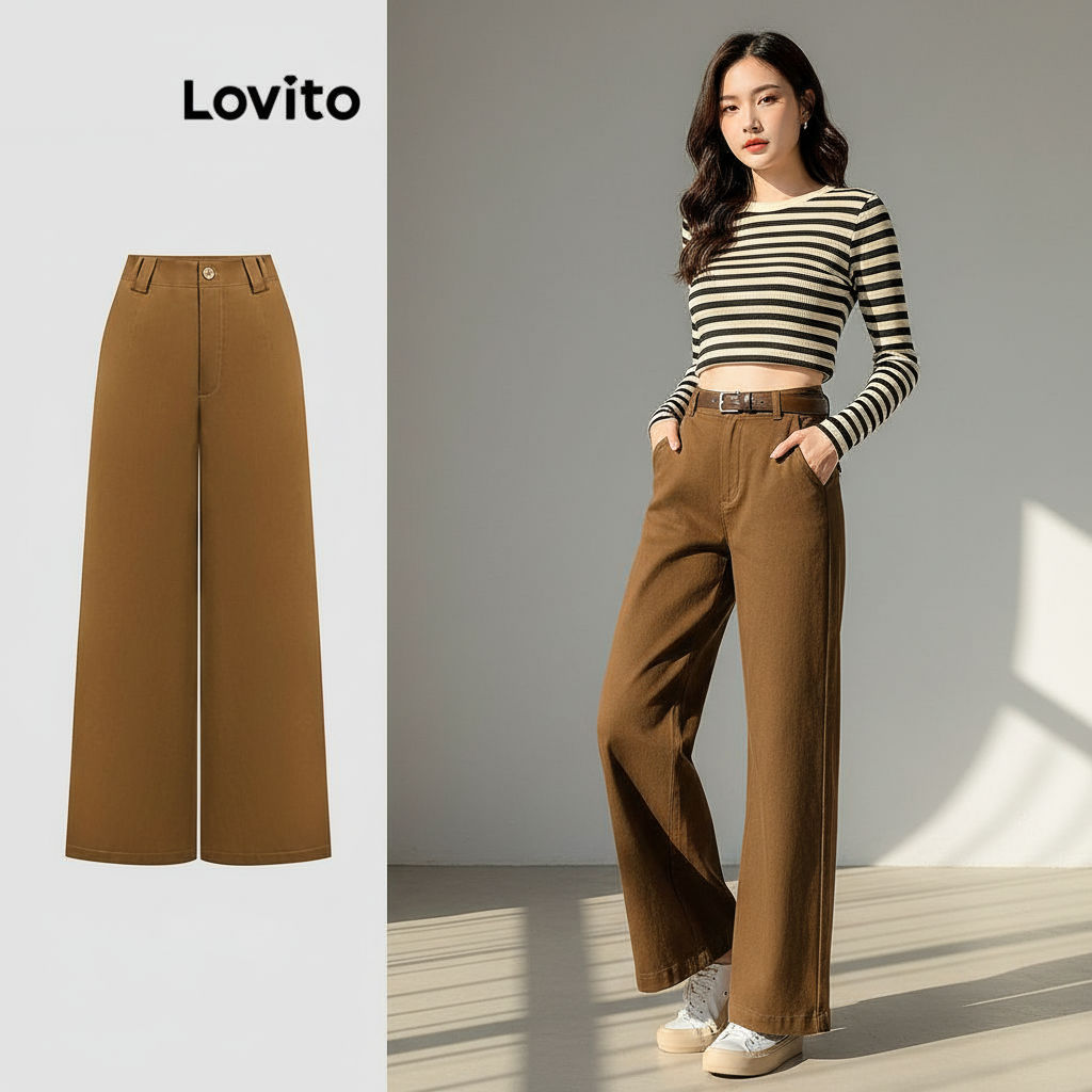 Lovito Calça Casual Básica Lisa Feminina L110AD480 em Oferta na Shopee