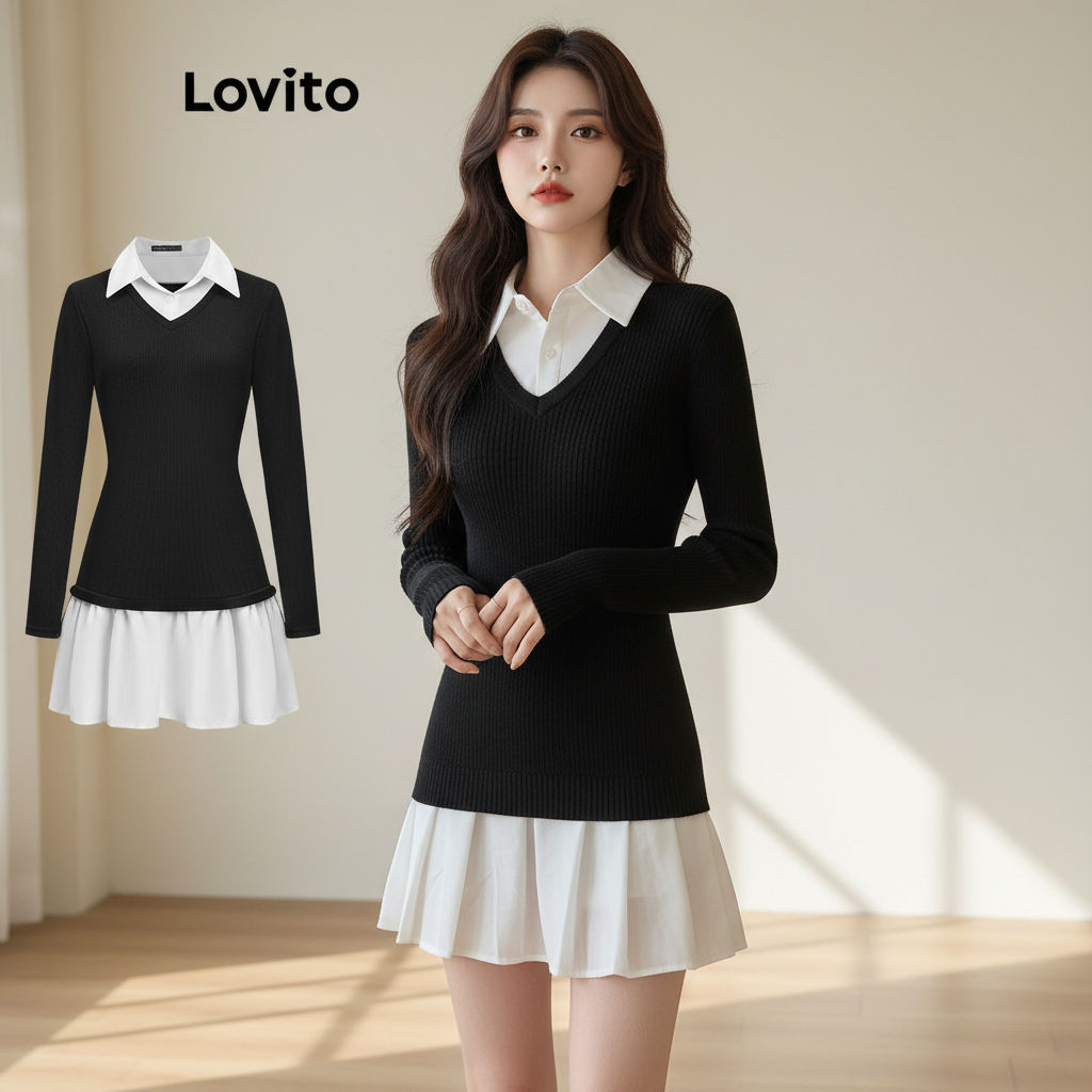 Lovito Vestido Casual Com Costura Em Tecido Liso Para Mulheres L110AD1466 em Oferta na Shopee