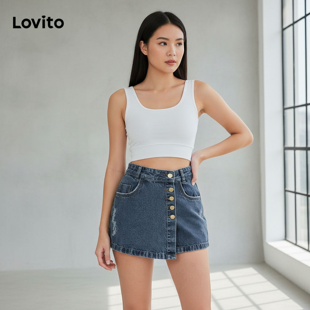 Lovito Shorts Jeans Feminino Casual Lavado Assimétrico com Spikes LBL05230 (Azul) em Oferta na Shopee